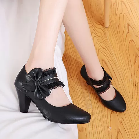 Women's Lace Bowtie Mary Jane Block Heels Pumps