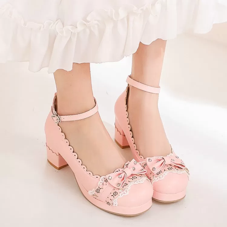 Women's Lolita Carved Bow Tie Block Chunky Heel Platform Pumps