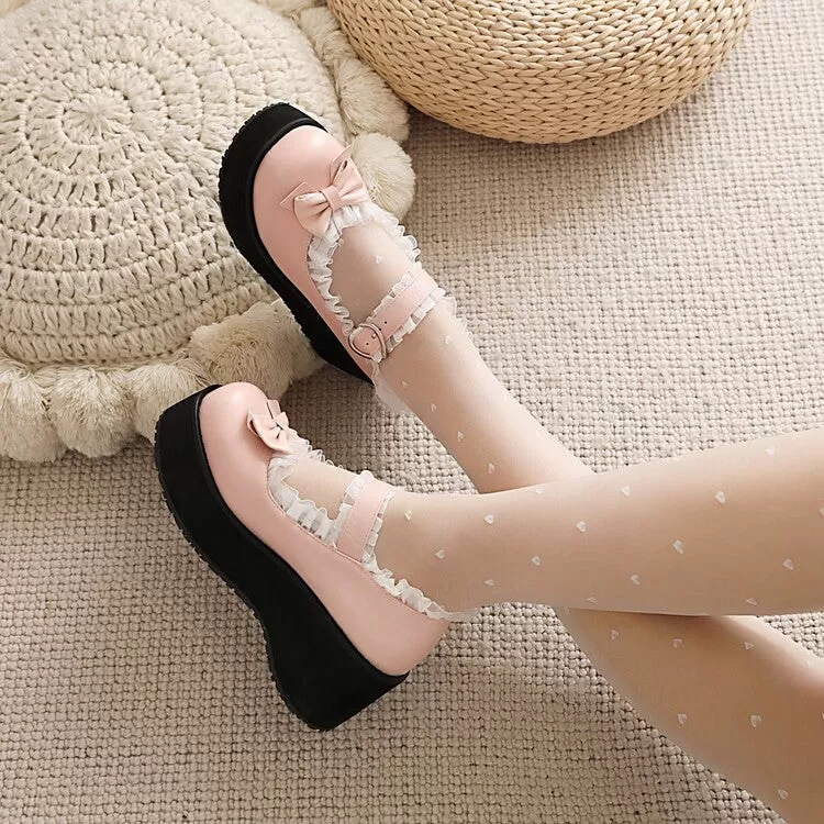 Women's Lolita Round Toe Lace Bow Tie Wedge Heel Platform Pumps