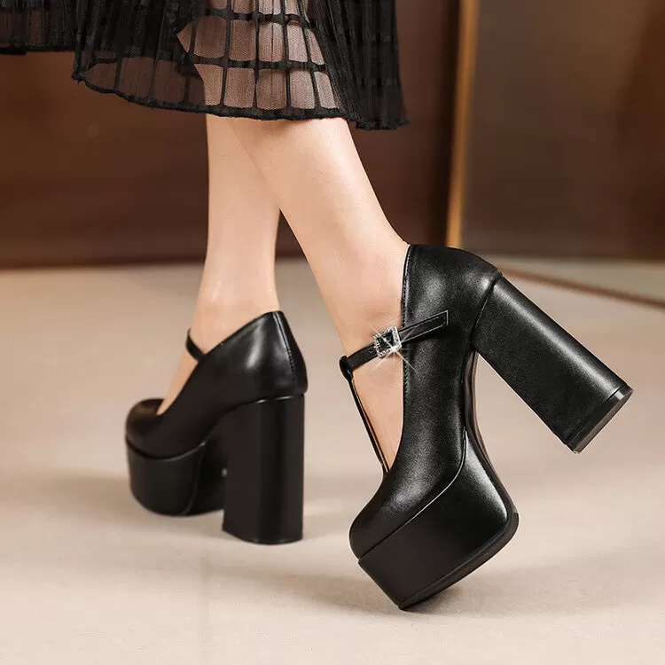 Women's T Strap Rhinestone Buckle Chunky Heel Platform Pumps