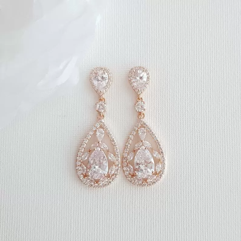 Yellow Gold Bridal Earrings in Cubic Zirconia for Brides-Esther