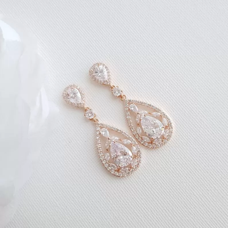 Yellow Gold Bridal Earrings in Cubic Zirconia for Brides-Esther